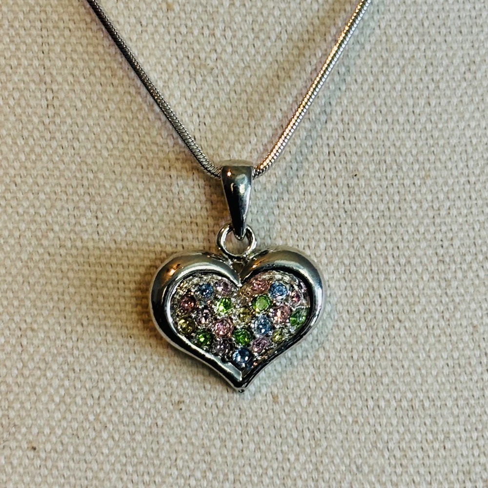 Silver Tone Multi Color Pastel Crystal Heart Pendant Snake Chain Necklace 18"